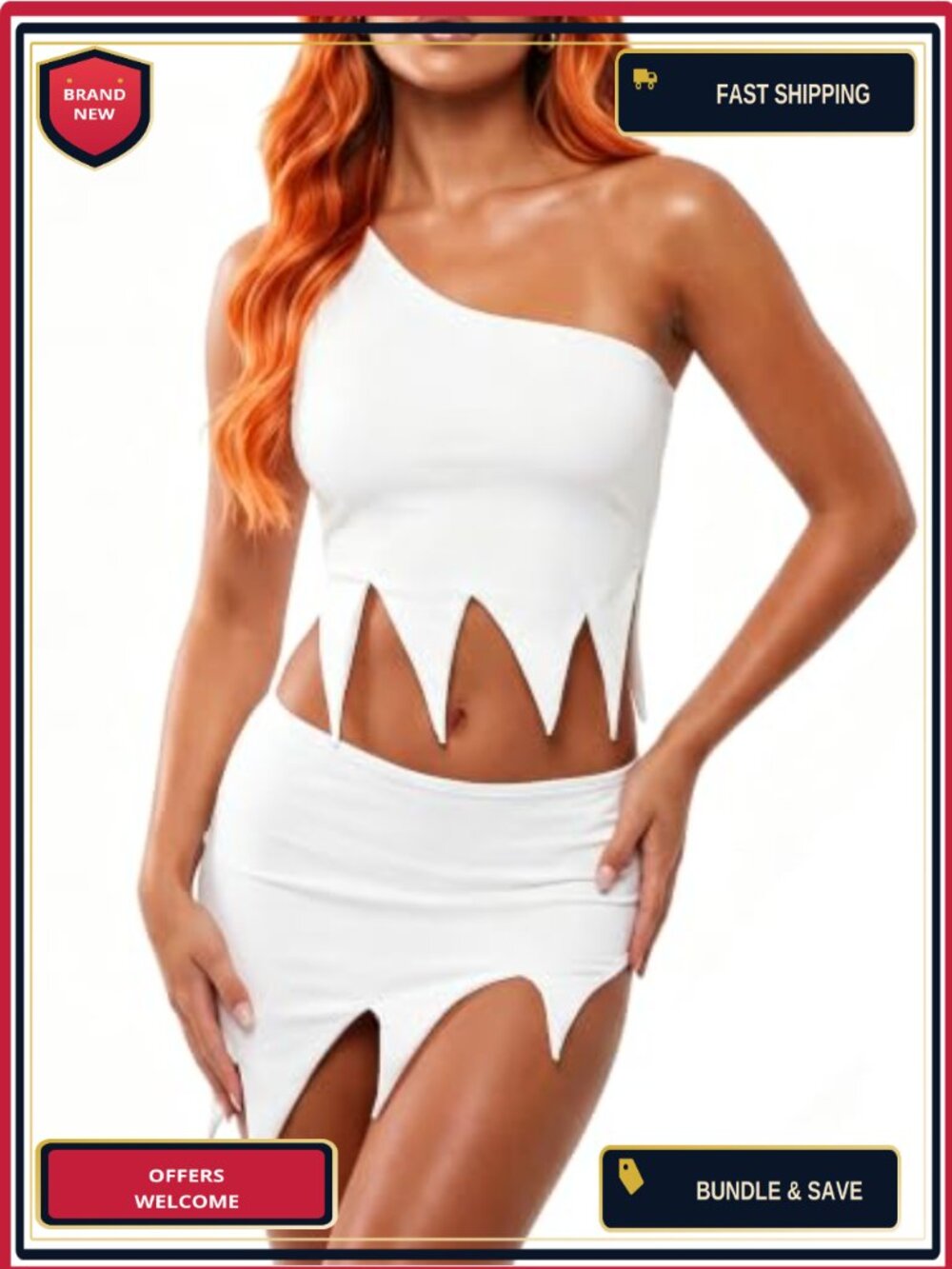 2 Piece Caveman Costume Set One Shoulder Tank Asymmetrical Mini Skirt Cosplay